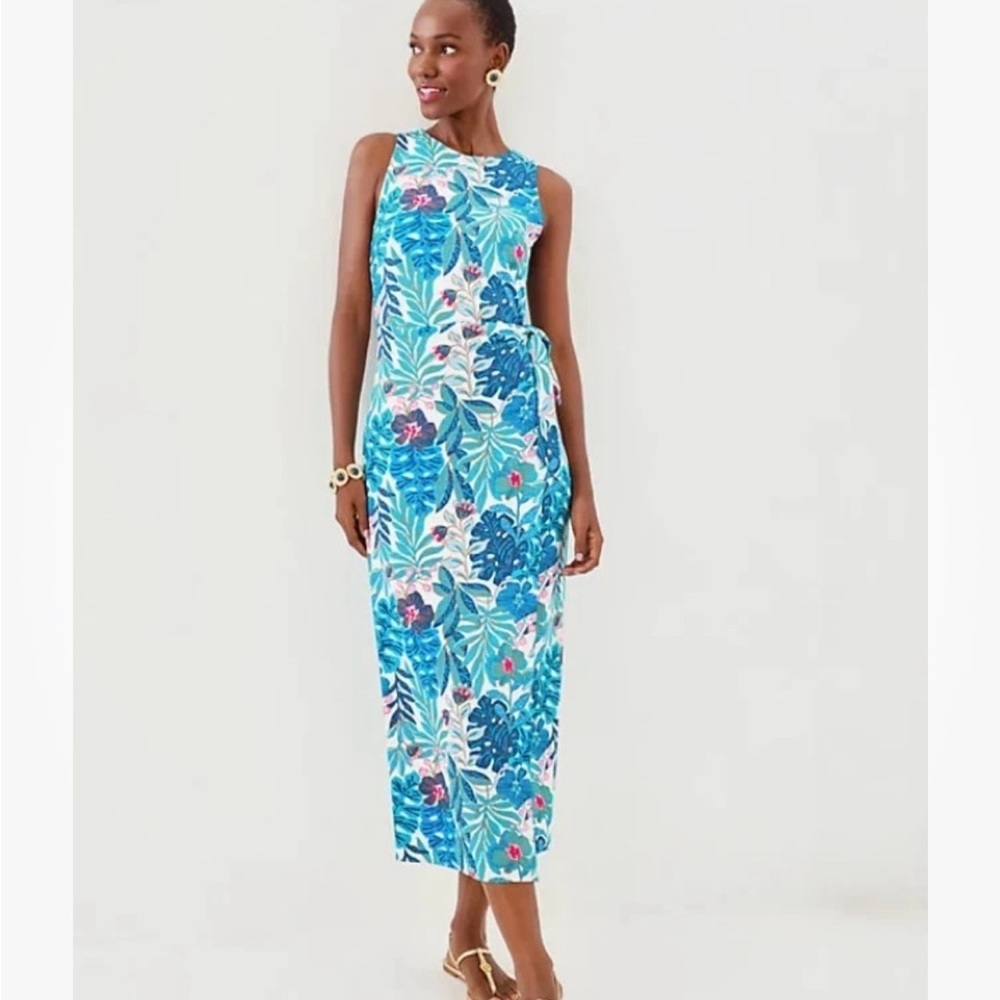 NWT Lilly Pulitzer XL Estela Midi Dress Breezy Aqua Best Fronds Forever.